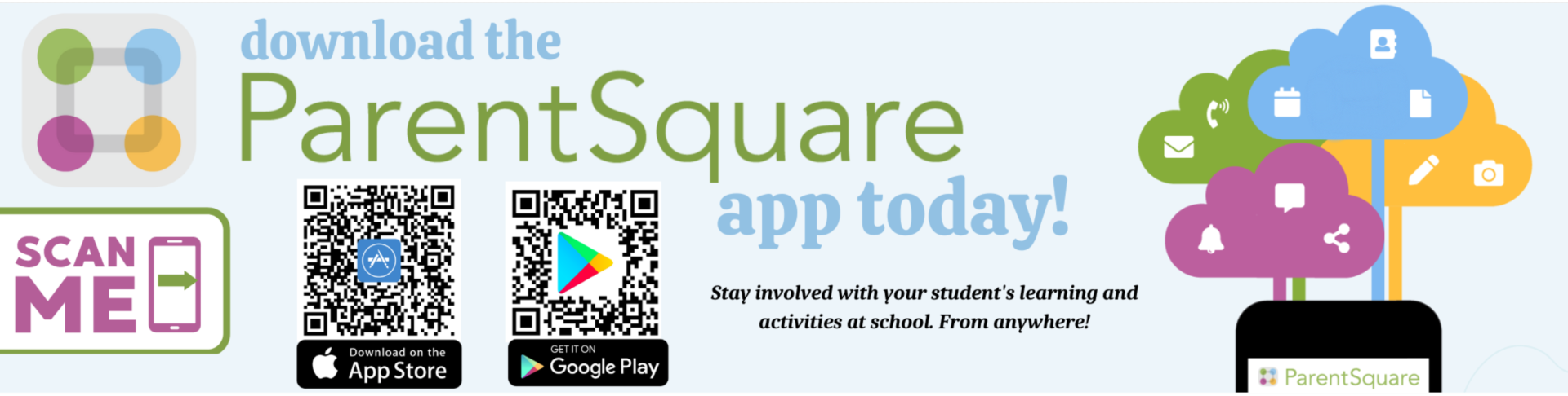 An image montage of the parent square mobile app logo, QR codes directing users to the app stores, and a mobile phone with elements of ParentSquare features.
